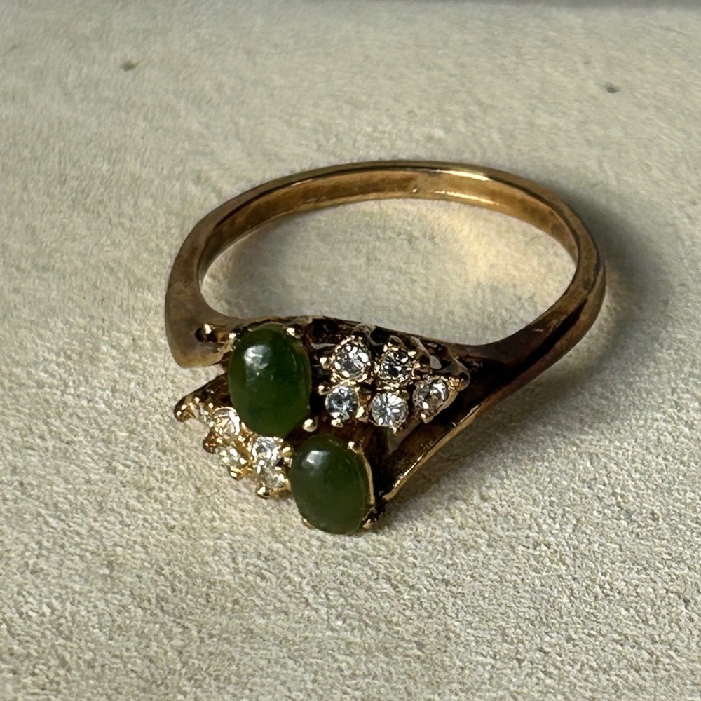 Green Jade Bypass Cluster Ring Clear Stone Size 11.25 Vintage 1970s Gold Tone